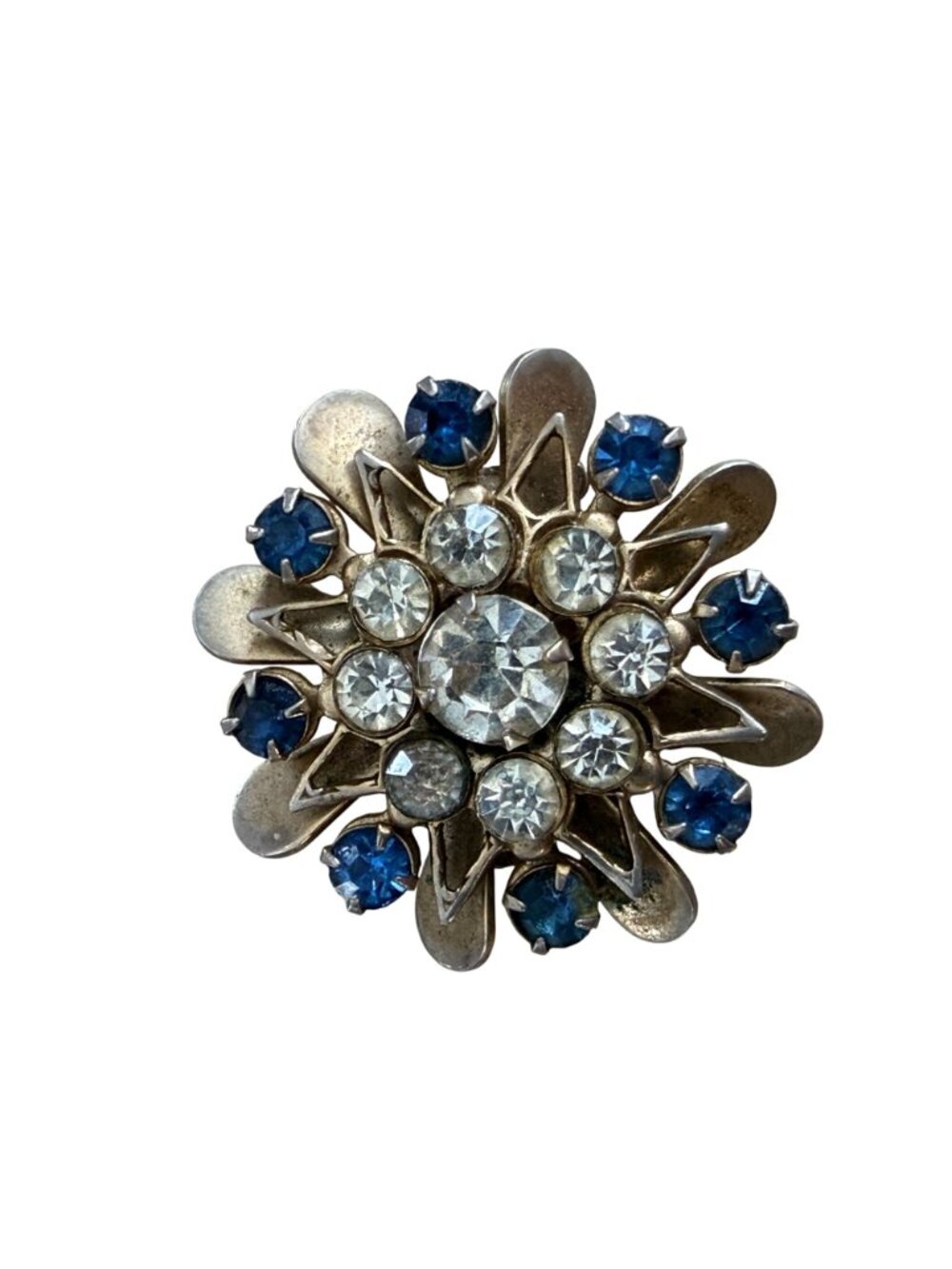 Vintage Set 2 Flower Blue Clear Rhinestones Brooches Silver Tone Matching 1.25" - Picture 4 of 6